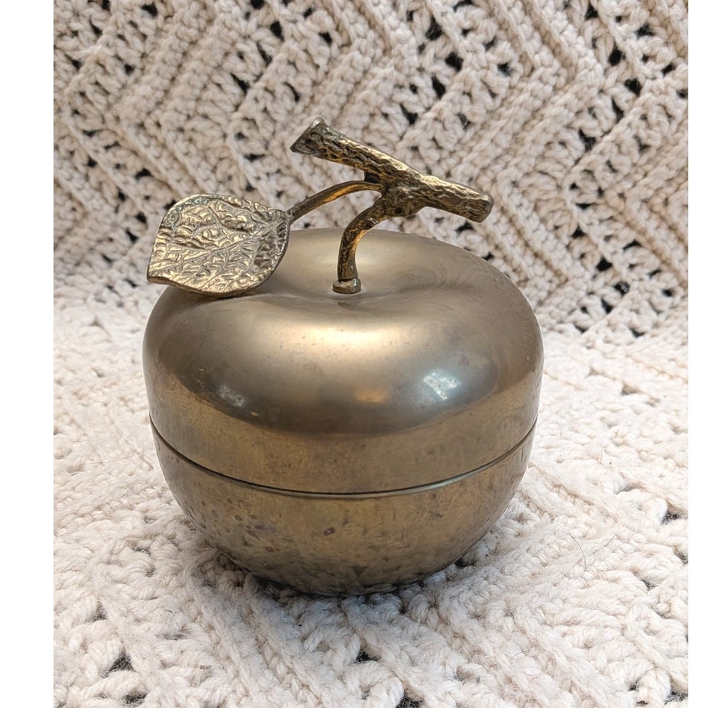 Vintage Brass Apple Trinket Box Made in Hong Kong Mid Century Decorative Jar
